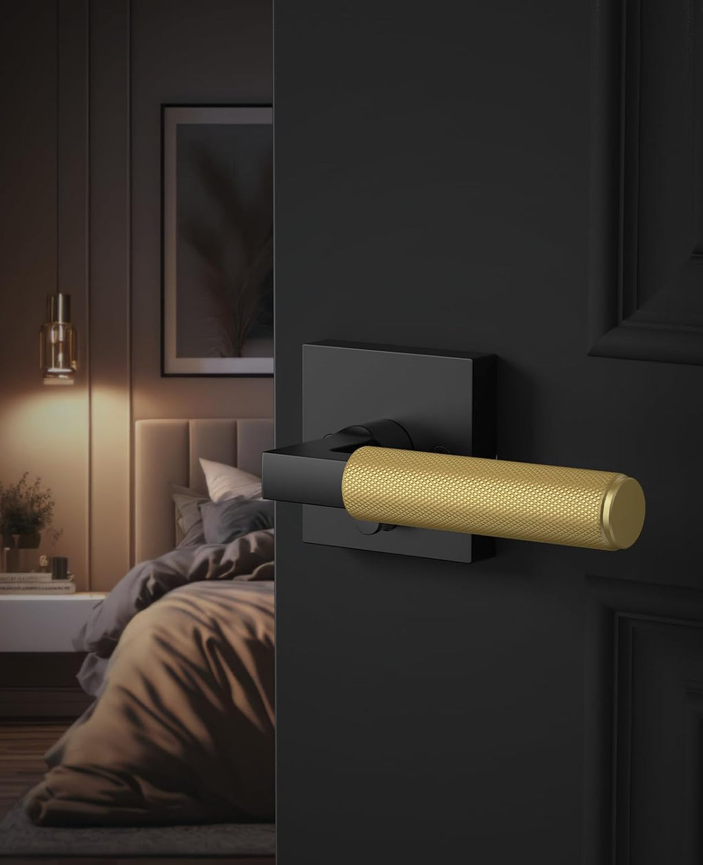 Asidrama 4 Pack Privacy Black and Gold Door Handles, Door Lever with Door Knobs Indoor for Bedroom or Bathroom, Heavy Duty Door Handles Interior with Locks for Left Right Sided Doors