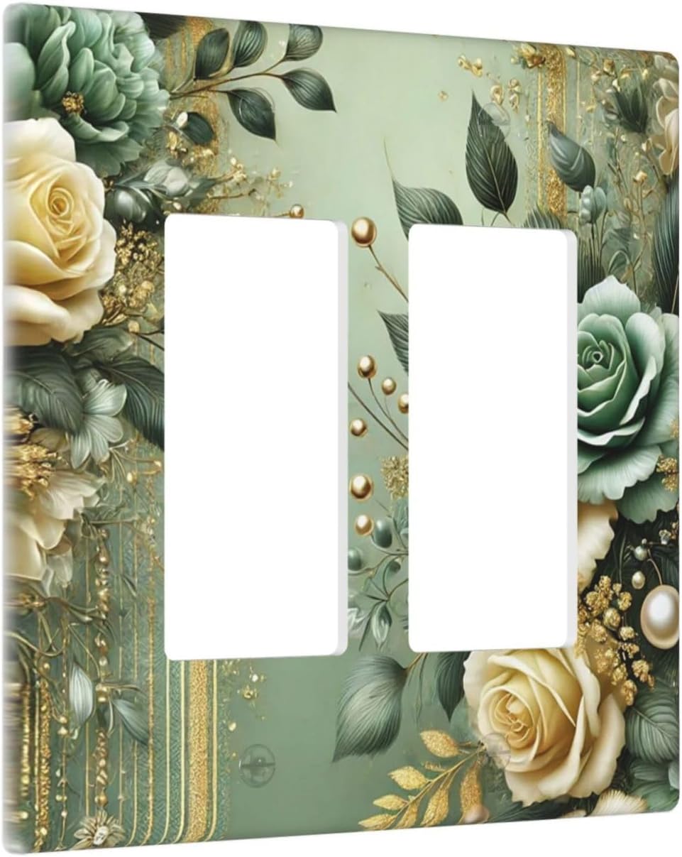 Decorative Outlet Covers Rustic Green Floral Leaves Teal Flowers Gold Stripe 2 Gang Wall Plate Double Rocker Two Switch Wall Cover Plate Jumbo Dual GFCI Faceplate
