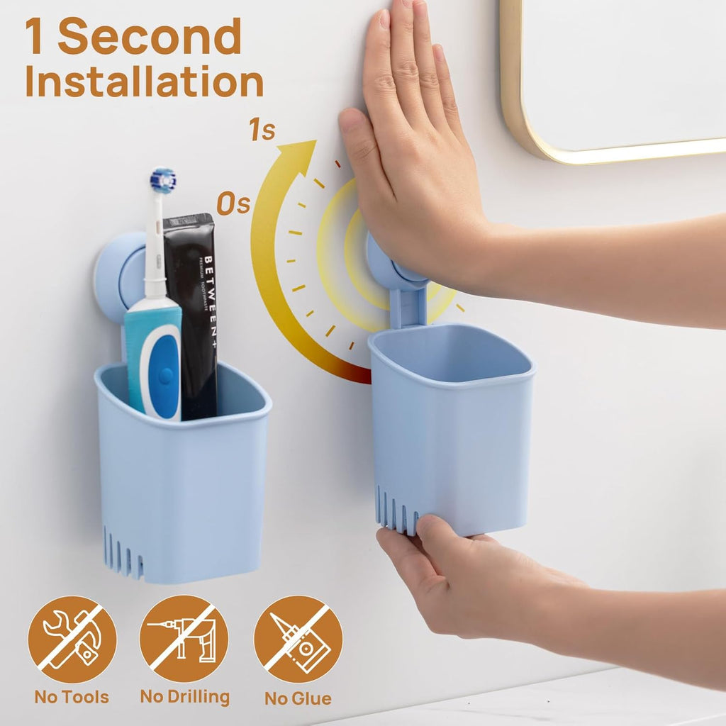 LEVERLOC Powerful Suction Cup Toothbrush Holder, No Drill Removable Wall Shower Holder for Toothbrush, Toothpaste, Razor, Self-draining Suction Cup in Shower, Kitchen Tableware Organizer, Blue, 2 Pack