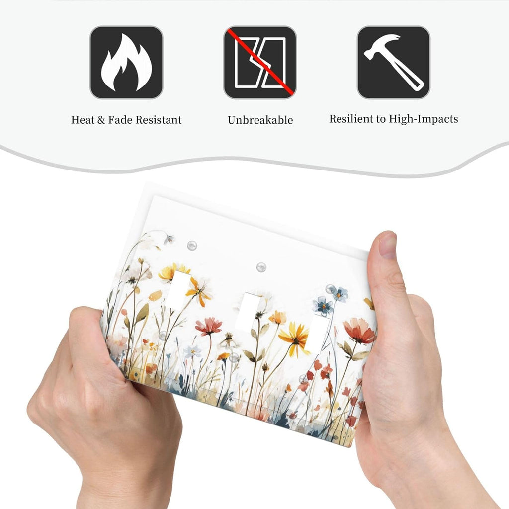Watercolor Wildflower Colorful Floral Plant Decorative Switch Plates 3 Gang Wall Plate Triple Toggle Light Switch Cover Faceplate Electrical Wall Panels for Bed Room Living Room Decor