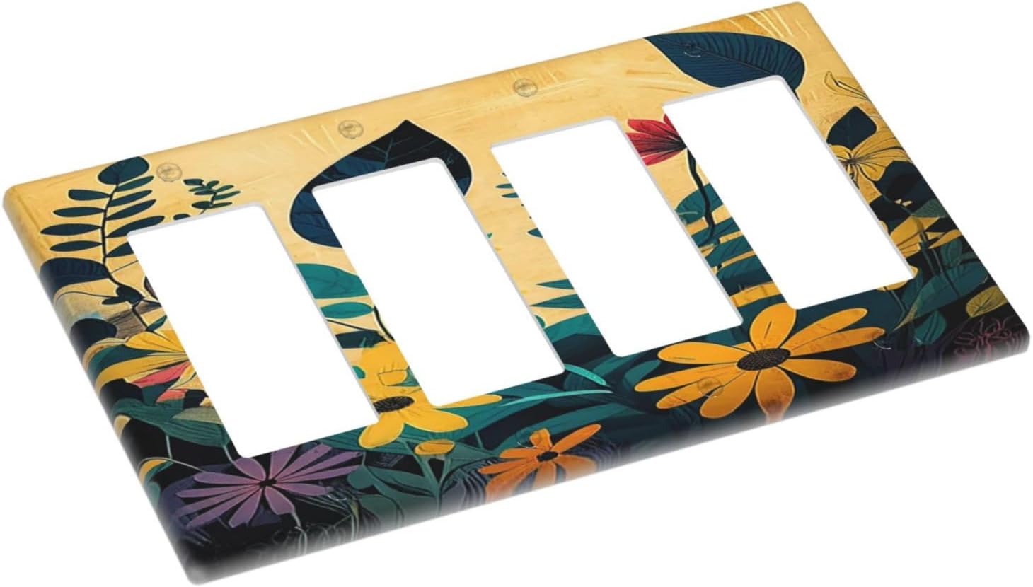 Abstract Minimalist Floral Botanical Boho Flower 4 Gang Wall Plates Outlet Covers Quad Rocker Light Switch Cover Plate Decorative Switch Plates GFCI Electrical Faceplate 4.5 X 8 IN