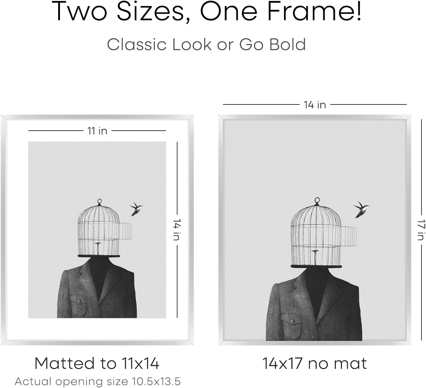 Homeforia Silver 14x17 Picture Frame, High End Metal 14 x 17 Frame with Mat 11 by 14 in Photo, 14x17 Silver Poster Frame Matted to 11x14 Print, 17x14 Hanging Frames, Tempered Glass, Wall Kit, Set of 2