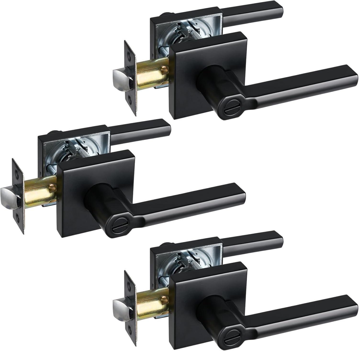 Privacy Door Lever, Heavy Duty Bathroom Bedroom Handle Lock, Keyless Interior Knobs, Matte Black, Reversible for Right&Left Handed, 3Packs