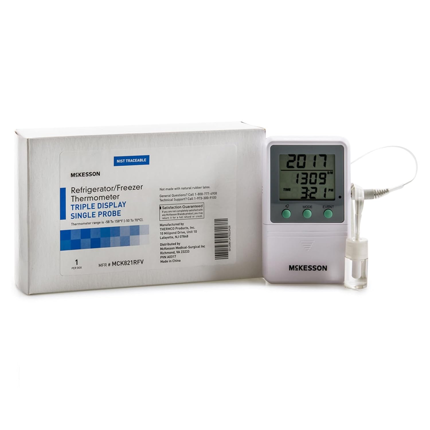 McKesson Refrigerator and Freezer Thermometer, Single-Probe - Waterproof Digital Triple Display, 1 Count