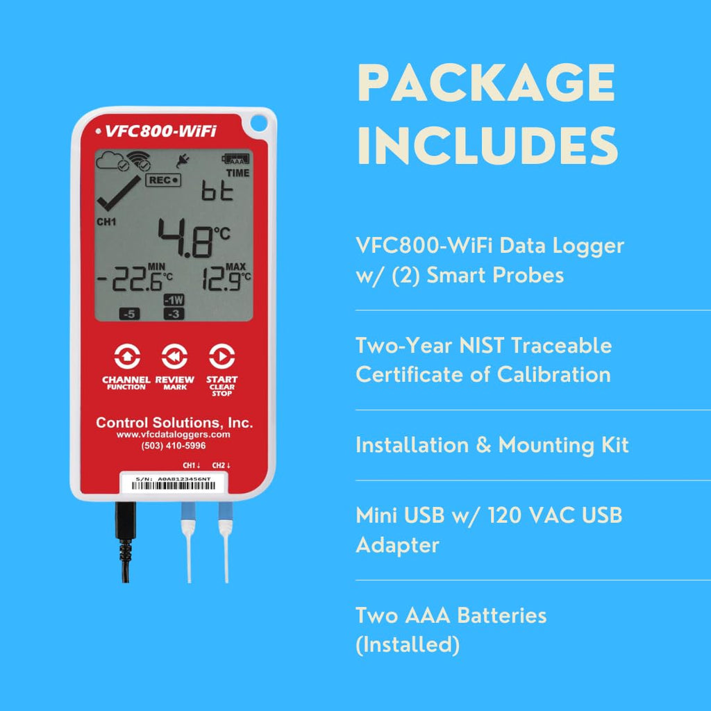 Control Solutions VFC800 Temperature Data Logger (VFC800-WiFi 10Ft Dual Probe)