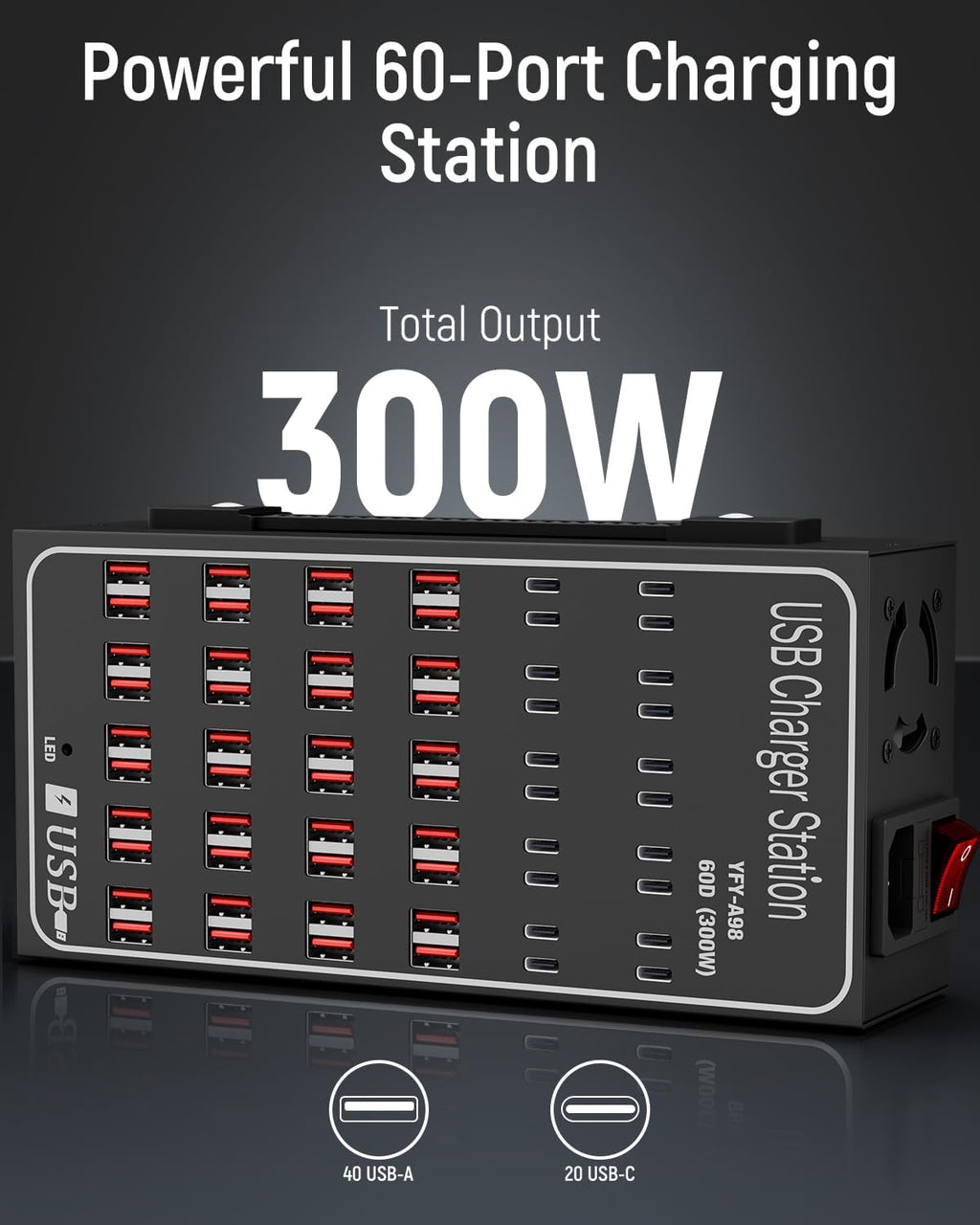 60 Port 300W(60A) USB Charging Station, Multi USB C Charger Station Block with Intelligent Protection, Desktop Charging Station for Multiple Devices, Suitable for Schools, Hotels, Shops and Malls