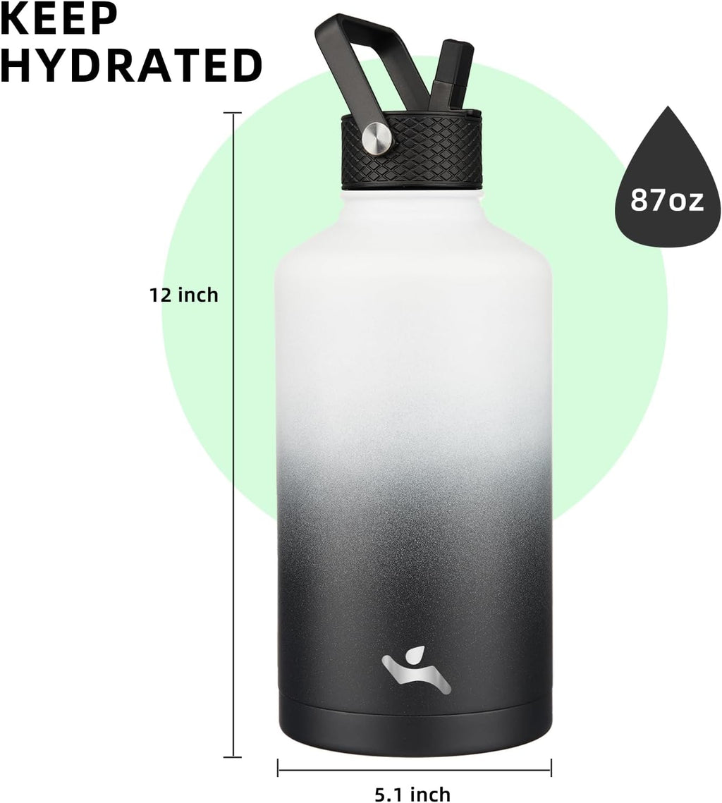 Insulated Water Bottle with Straw,87 oz 3 Lids Water Jug with Carrying Bag,Paracord Handle,Double Wall Vacuum Stainless Steel Metal Flask,Day Night