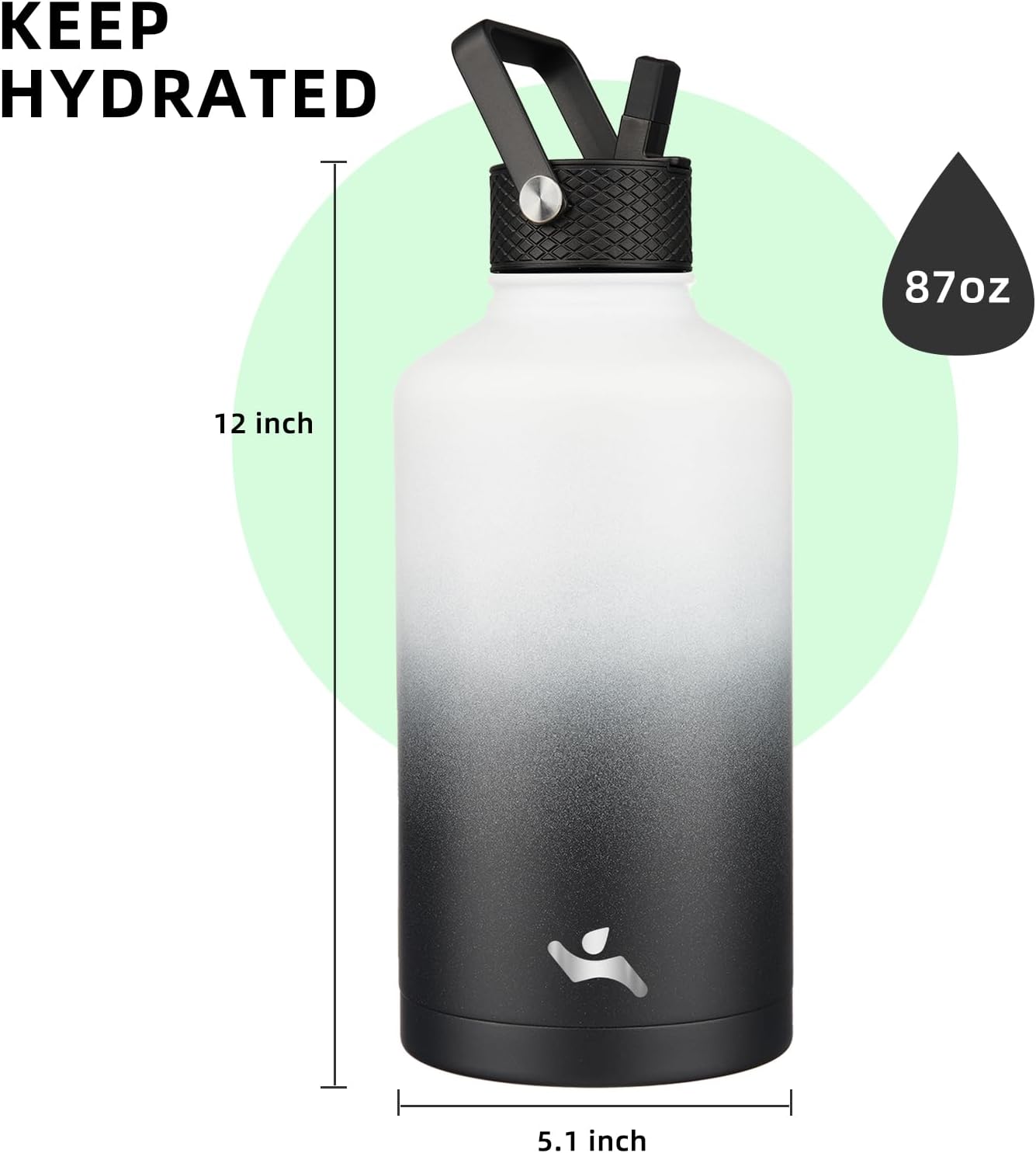 Insulated Water Bottle with Straw,87 oz 3 Lids Water Jug with Carrying Bag,Paracord Handle,Double Wall Vacuum Stainless Steel Metal Flask,Day Night