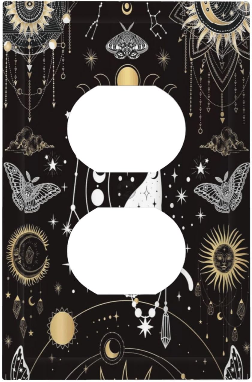 White Cat Tarot Moon Phases Moth Celestial Gothic Outlet Covers 1 Gang Duplex Light Switch Cover Decorative Switch Plates Electrical Receptacle Faceplate Wall Plate for Kids Room Bedroom Decor