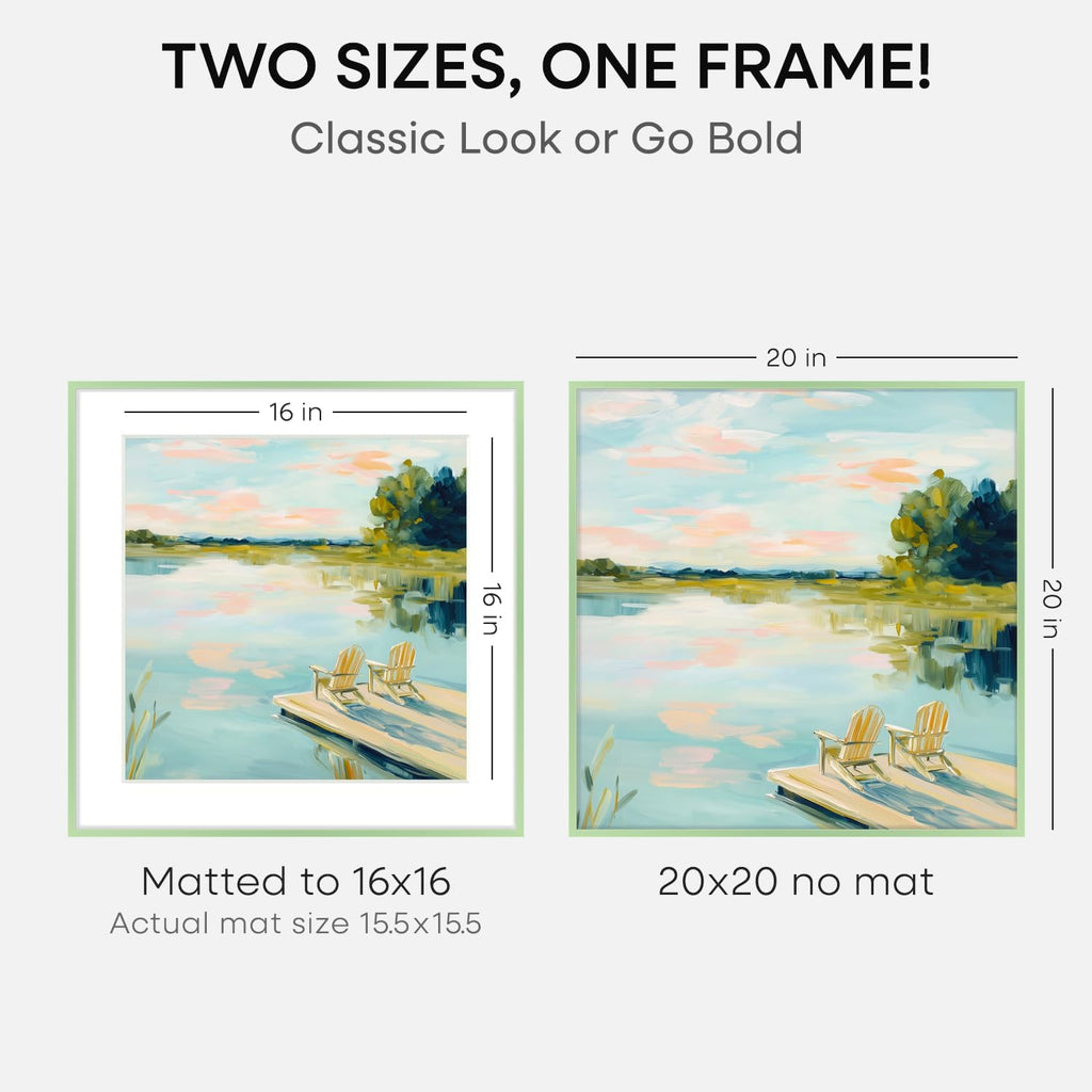 Homeforia 20x20 Picture Frame Sage Green, High End Metal 20 x 20 Square Poster Frames with Mat 16 x 16 Photo, 20x20 Frame Matted to 16x16 Art, 20by20 Hanging Frames, Tempered Glass, Wall Kit, Set of 1