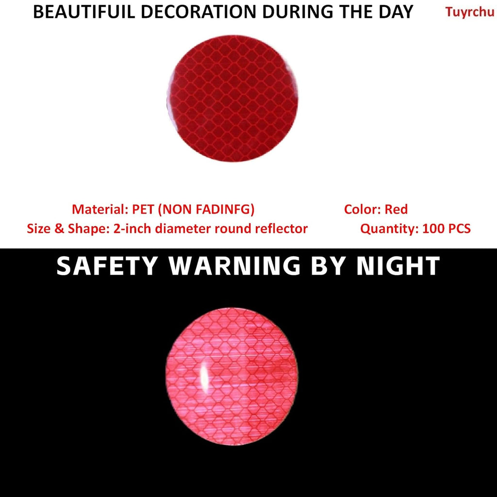 Non Fading Red Reflective Stickers 2-inch Diameter Round Reflector, Outdoor Waterproof High Visibility Warning Adhesive Tape (100 Pcs)