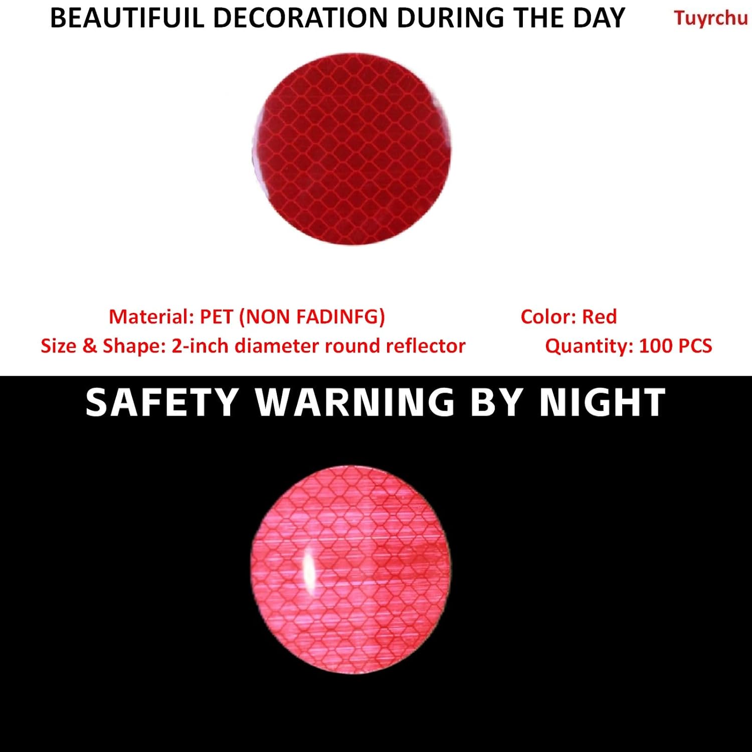 Non Fading Red Reflective Stickers 2-inch Diameter Round Reflector, Outdoor Waterproof High Visibility Warning Adhesive Tape (100 Pcs)