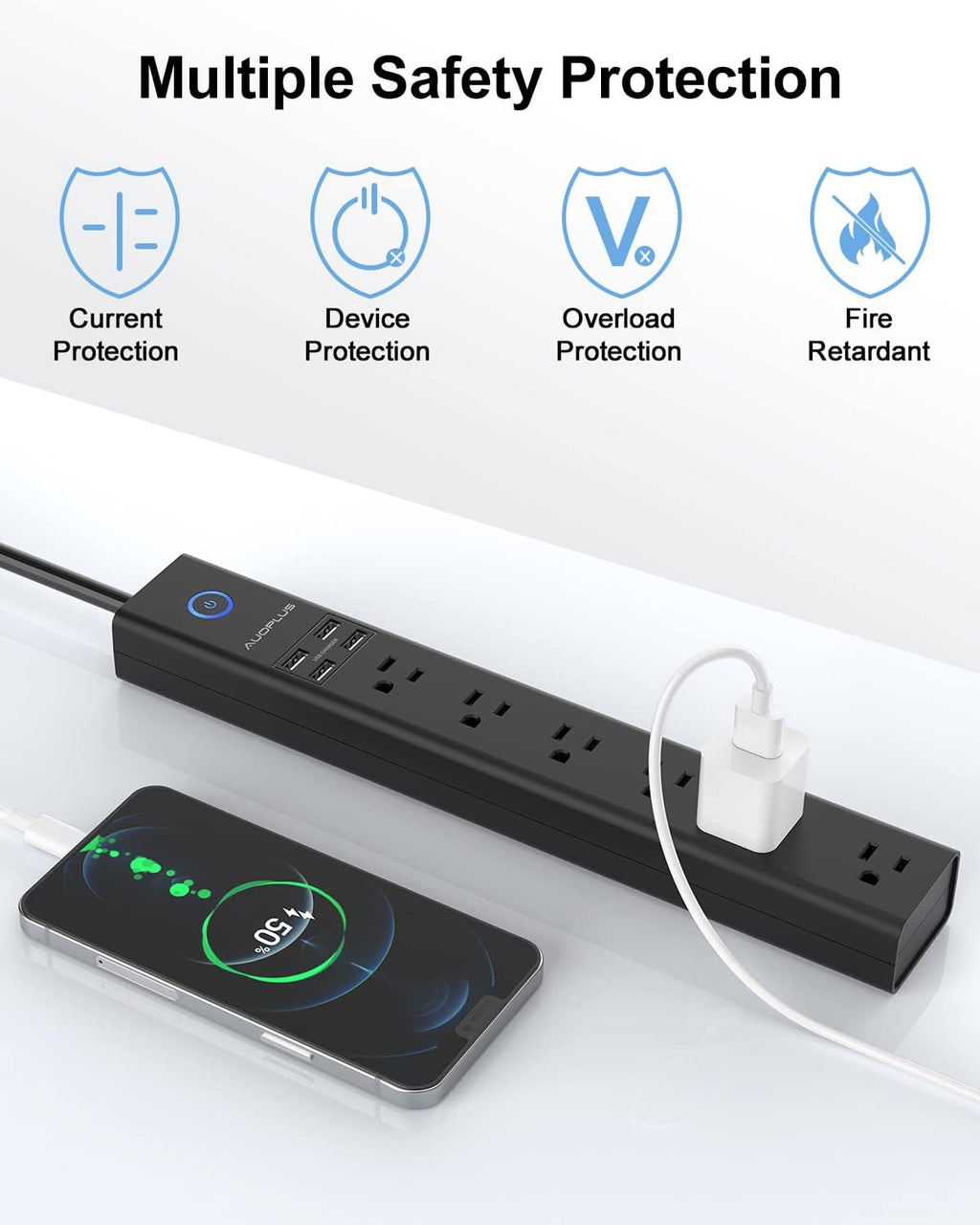 15 Ft Power Strip Surge Protector, 6 Outlets and 4 USB Ports, Flat Plug Power Strips Long Extension Cord with Overload Protection, Wall Mount for Home, Office, Dorm, ETL Listed