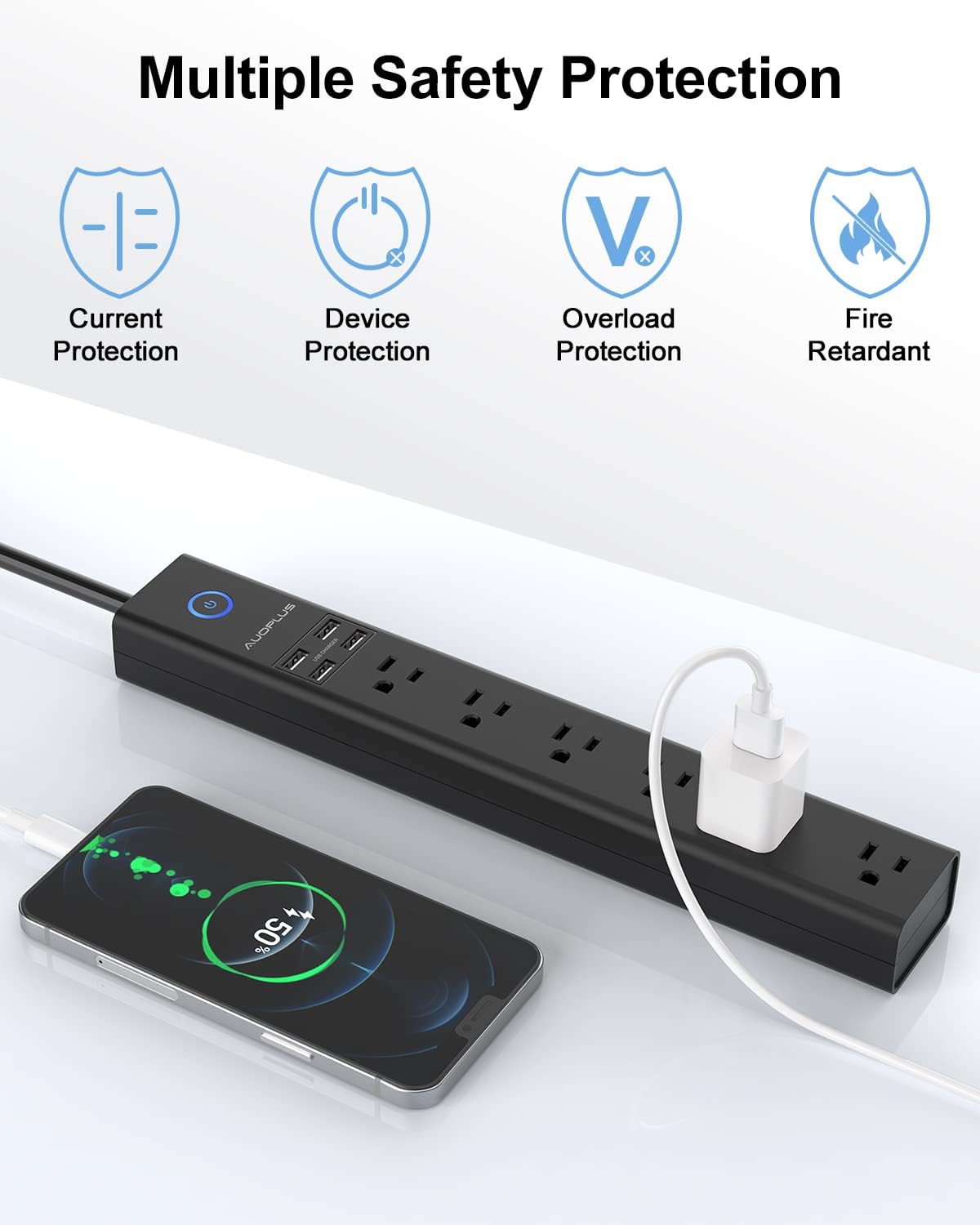 15 Ft Power Strip Surge Protector, 6 Outlets and 4 USB Ports, Flat Plug Power Strips Long Extension Cord with Overload Protection, Wall Mount for Home, Office, Dorm, ETL Listed
