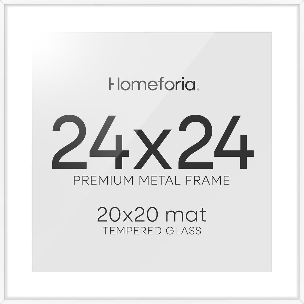 Homeforia 24x24 Picture Frame White, High End Metal 24 x 24 Large Square Poster Frame Matted to 20 x 20 in Photo, 24by24 Thin White Frames with Mat 20x20 inch Print, Tempered Glass, Wall Kit, Set of 1
