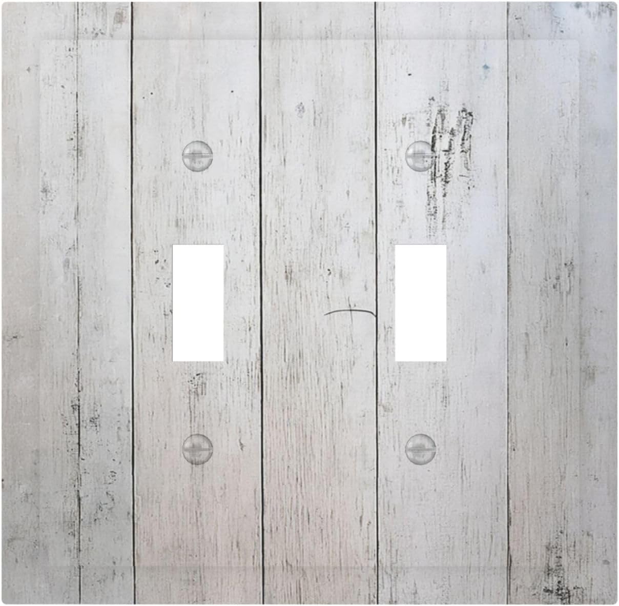 Rustic White Grey Wood Grain Decorative Switch Plates 2 Gang Double Toggle Outlet Light Switch Cover Wall Plate Electrical Faceplate for Bedroom Bathroom Decor