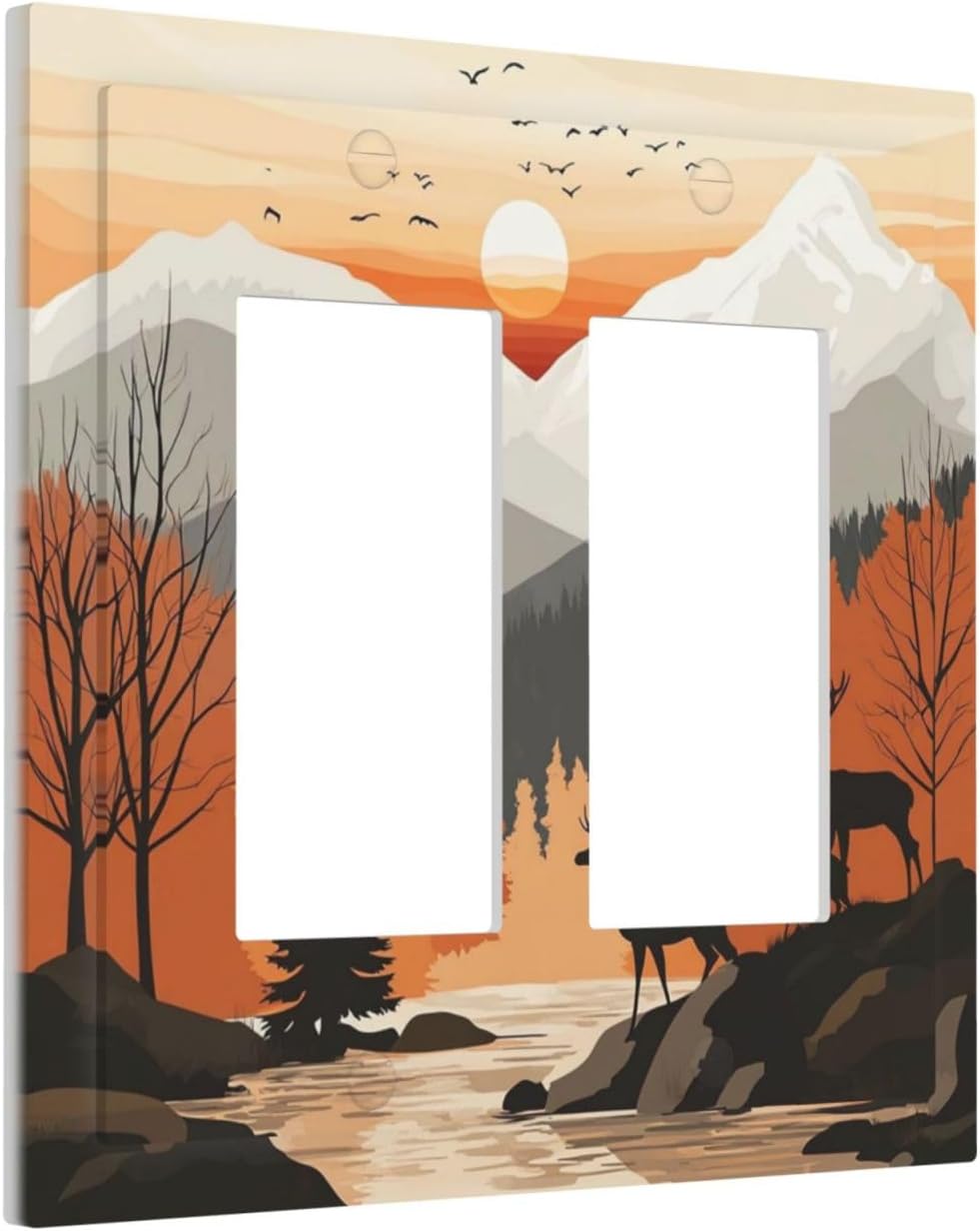 Sun Forest Deer Snow Mountain River Decorative Outlet Covers 2 Gang Double Gfci Rocker Electrical Wall Panels Light Switch Cover Plate For Bed Room Living Room Decor