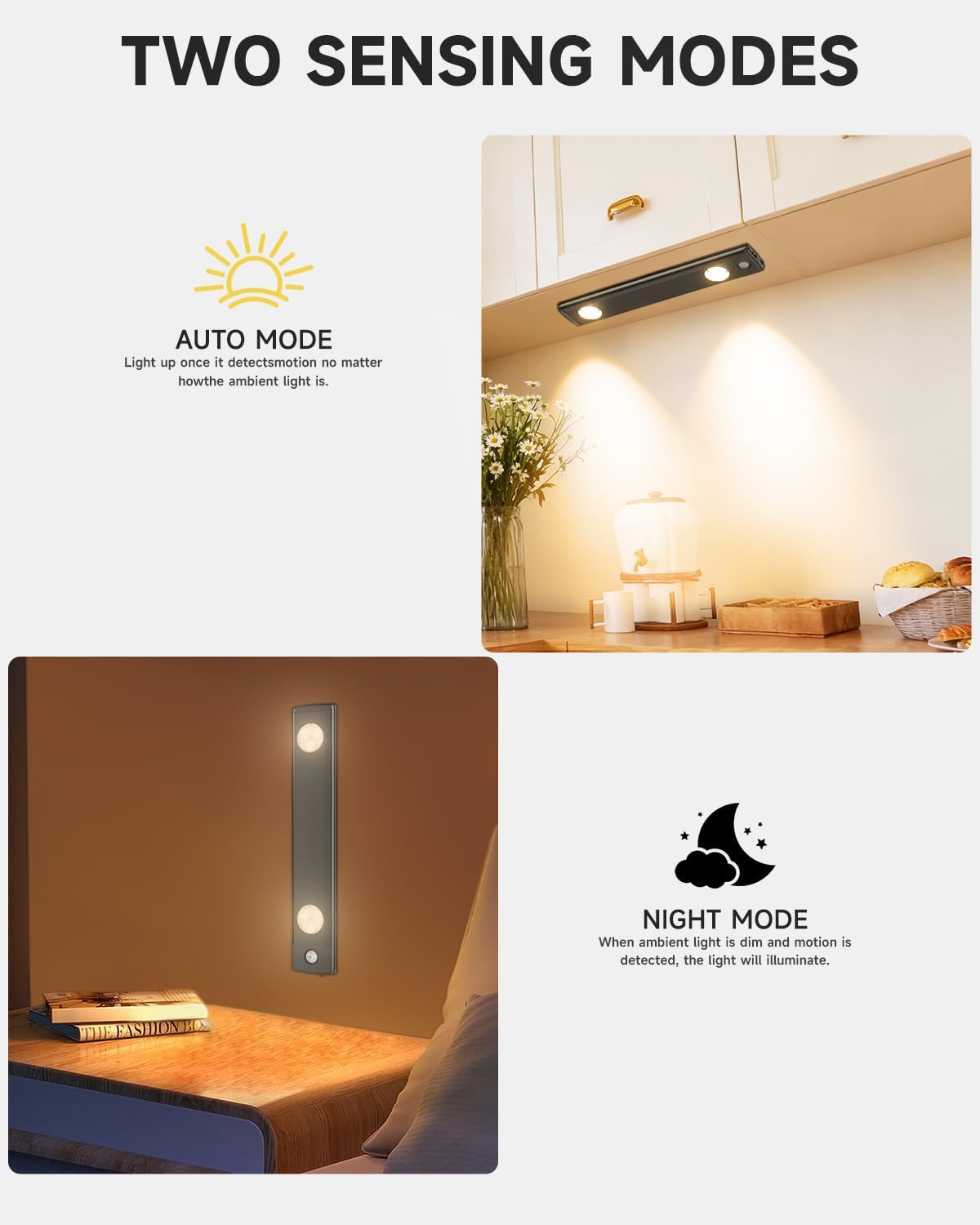 Under Cabinet Lighting, 10" Rechargeable Motion Sensor Light Indoor - 4 Modes, Up to 45 Days, Easy Wireless Magnetic Mount, Under Counter Lights for Kitchen, Closet, Hallway (2 Pack, Warm White)