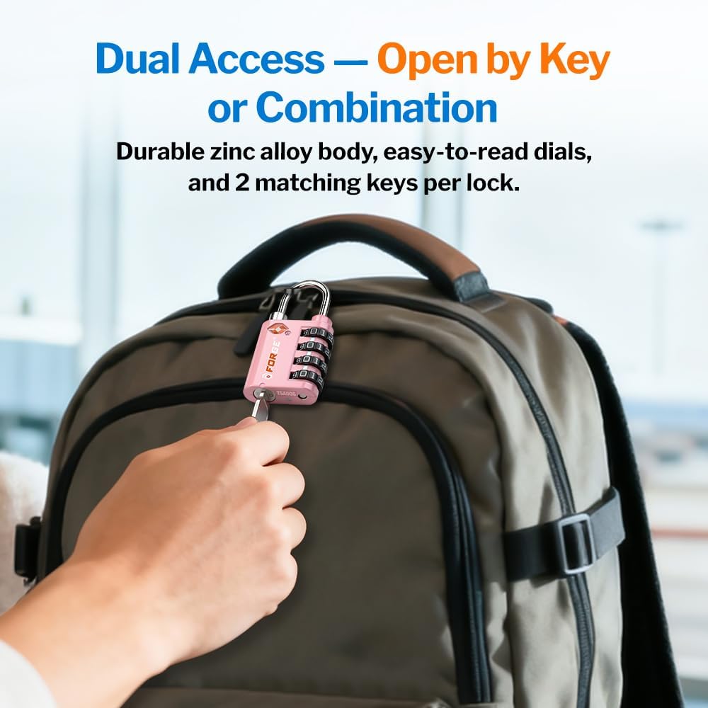 Forge Dual-Opening: Key or Combination Lock, TSA Approved Lock for Luggage, Pelican case, Travel, Gym, School, Luggage Combination Lock, Travel Bag Lock (Pink 2 Pk)
