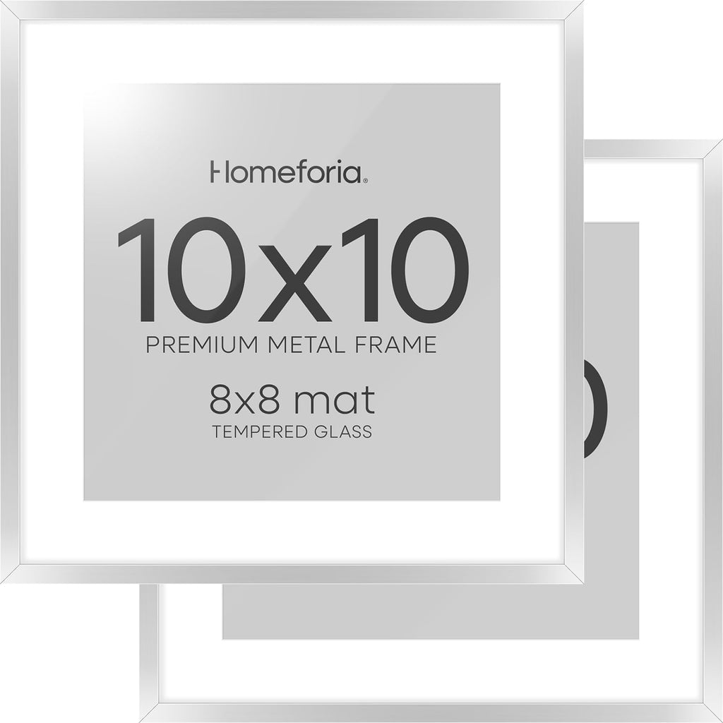 Homeforia 10x10 Picture Frame Silver, High End Metal 10 by 10 Square Frames with Mat 8 x 8 inch Photo, 10by10 Poster Frame Matted to 8x8 Art, Wall or Tabletop Frame, Tempered Glass, Wall Kit, Set of 2