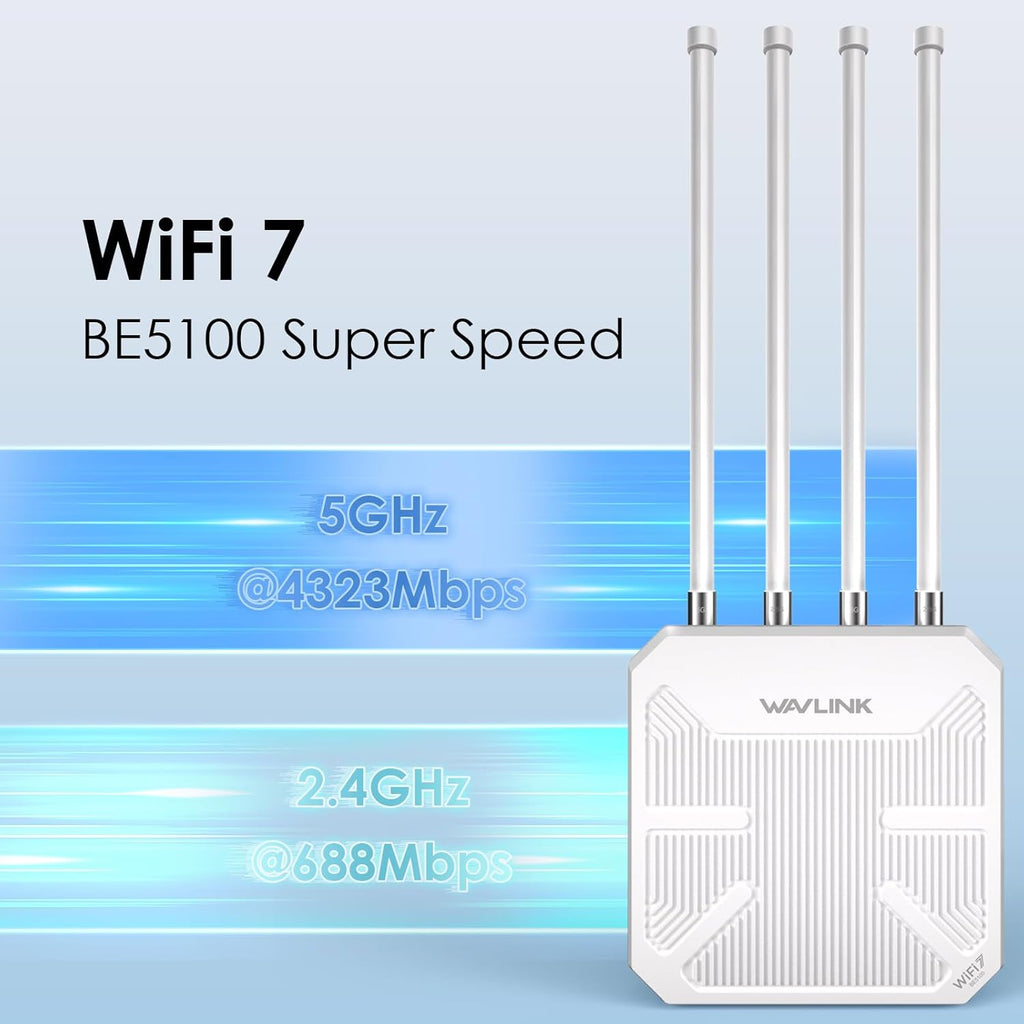 WAVLINK WiFi 7 BE5100 Outdoor WiFi Extender, Dual Band Long-Range Outdoor WiFi Repeater|Access Point|Mesh Router, POE Powered | IP67 Waterproof | 4 x 8dBi Antennas, 2.5 Gbps Ethernet, Up to 300M