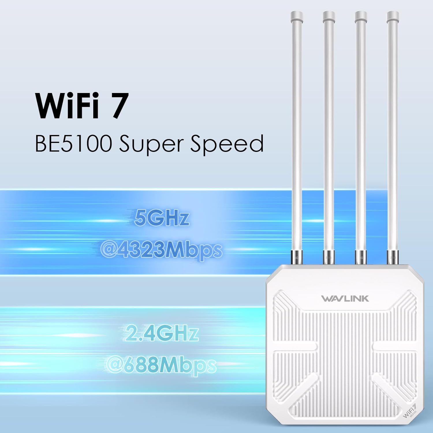 WAVLINK WiFi 7 BE5100 Outdoor WiFi Extender, Dual Band Long-Range Outdoor WiFi Repeater|Access Point|Mesh Router, POE Powered | IP67 Waterproof | 4 x 8dBi Antennas, 2.5 Gbps Ethernet, Up to 300M
