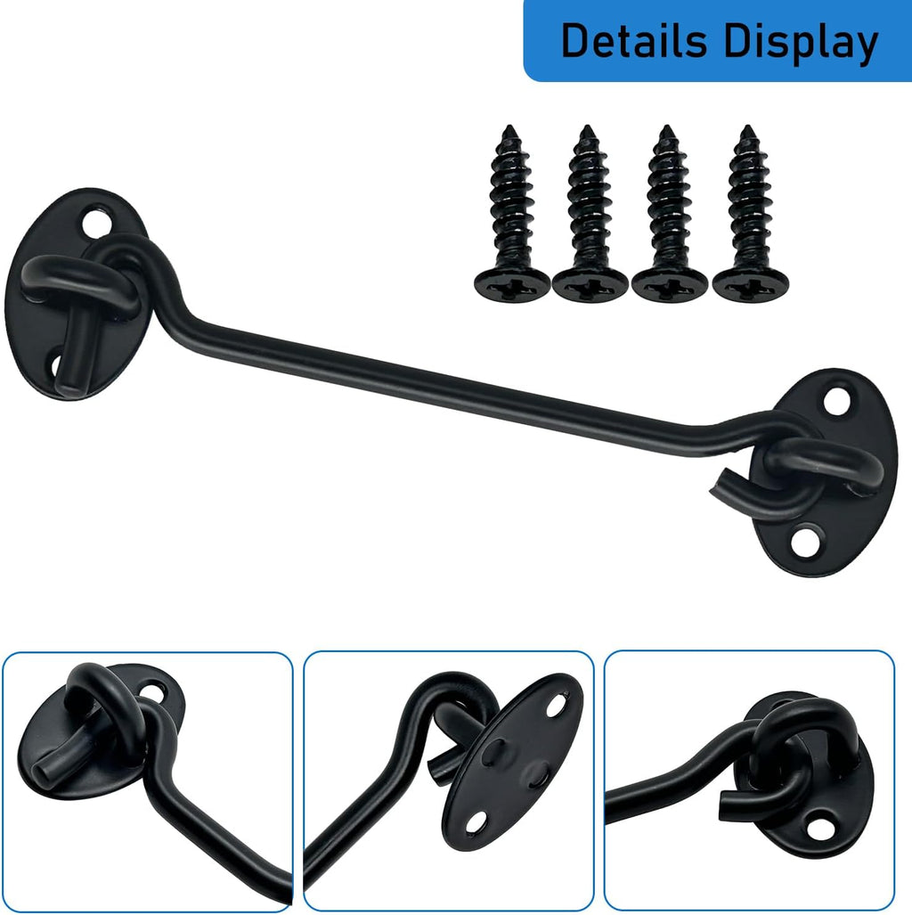 4 Pack 6" Hook and Eye Gate Latch, Stainless Steel Rust-Resistant Barn Door Lock Cabin Hooks for Gate Shutters Window Slide Barn Shed Cabinet Bathroom, with 16pcs Screw,Black