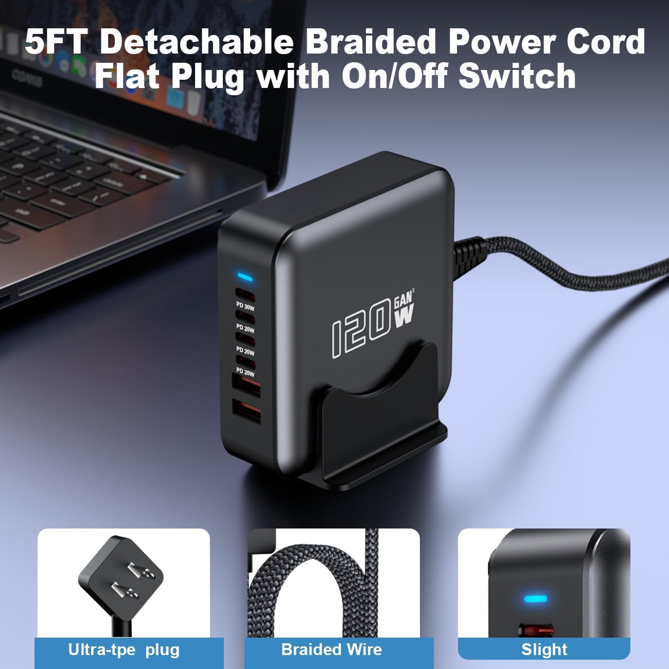 USB C Fast Charger Block, 120W 6-Port Charging Station Hub Adapter, USB C Wall Multi Charger Power Strip Plug with On/Off Switch for iPad iPhone 17 16 15 14 13 12 Pro Max Galaxy S23 (Black)