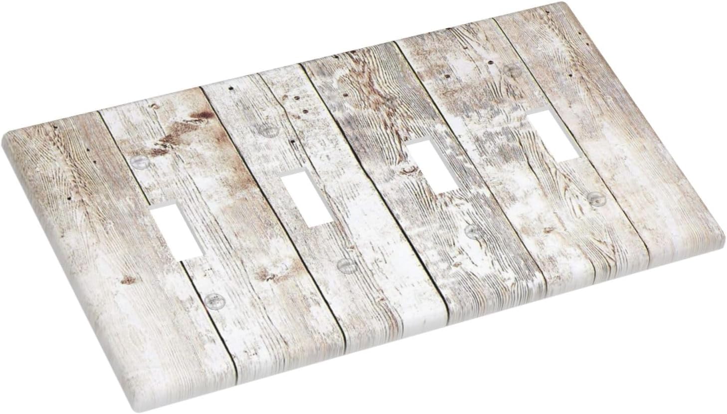 Vintage Light Wood Retro Rustic White Gray Oak Print Light Switch Covers Quad Toggle Electrical Faceplate 4 Gang Wall Plate Decorative Switch Plates Cover for Farmhouse Home Decor
