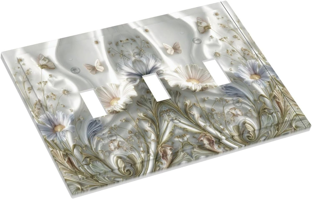 Artistic Flower Floral Plant 3 Gang Triple Toggle Decorative Light Switch Covers Electrical Faceplate Switch Plates for Bathroom Kitchen Home