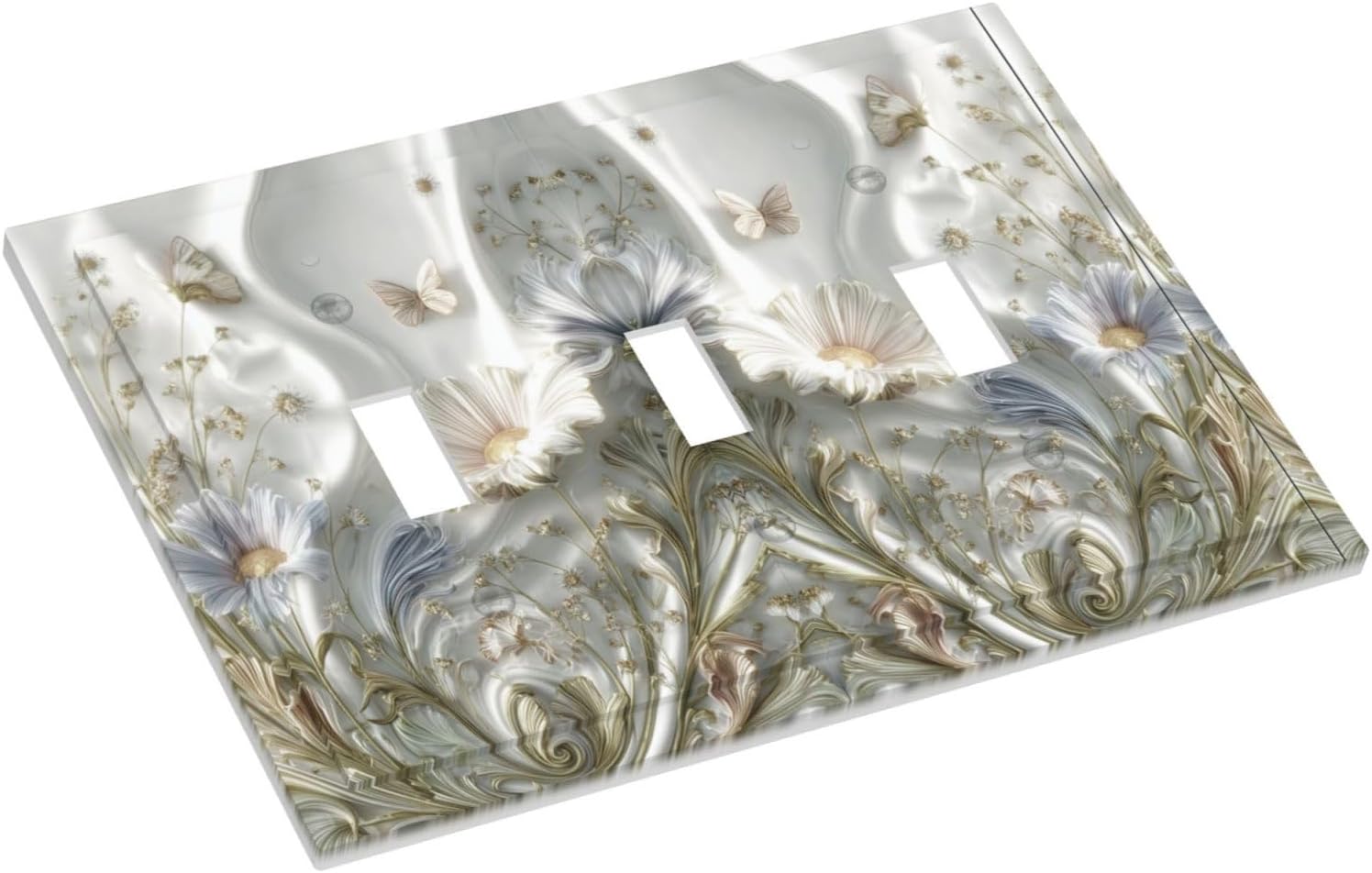 Artistic Flower Floral Plant 3 Gang Triple Toggle Decorative Light Switch Covers Electrical Faceplate Switch Plates for Bathroom Kitchen Home