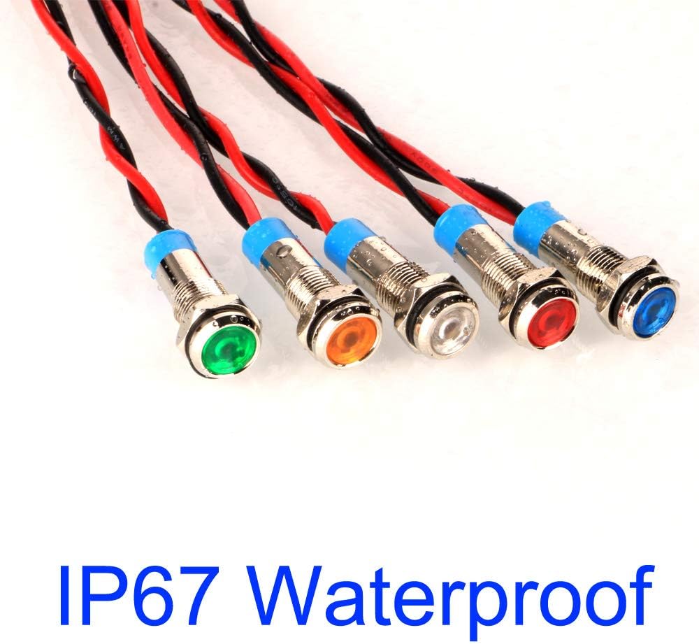 10pcs 6mm 1/4" AC/DC 12-24V LED Metal Indicator Light Waterproof Signal Lamp Pilot Dash Directional Car Truck Boat with Wire