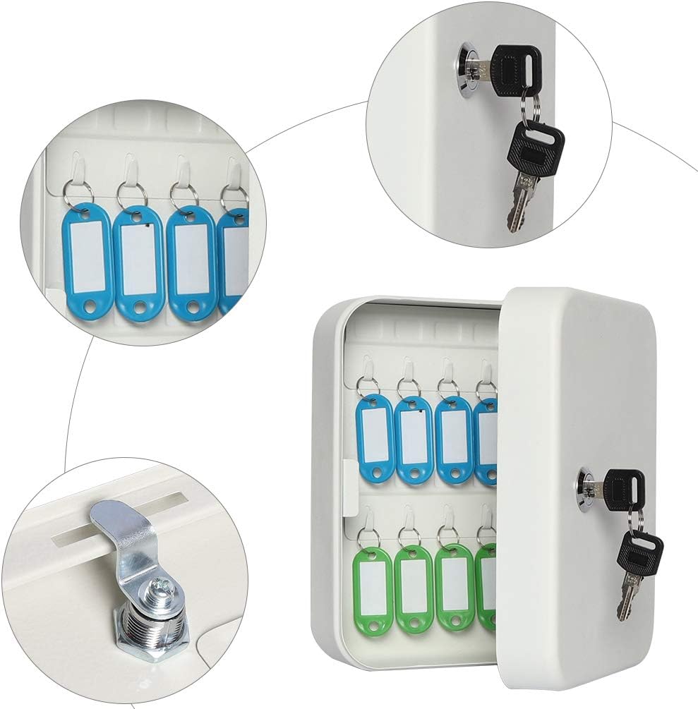 Jssmst Key Lock Box Wall Mount Security Key Storage Box, Locking Key Cabinet Wall Mount with 20 Key Hooks & Tags Key Labels, 7.87 x 6.3 x 2.95 inches, White Matt