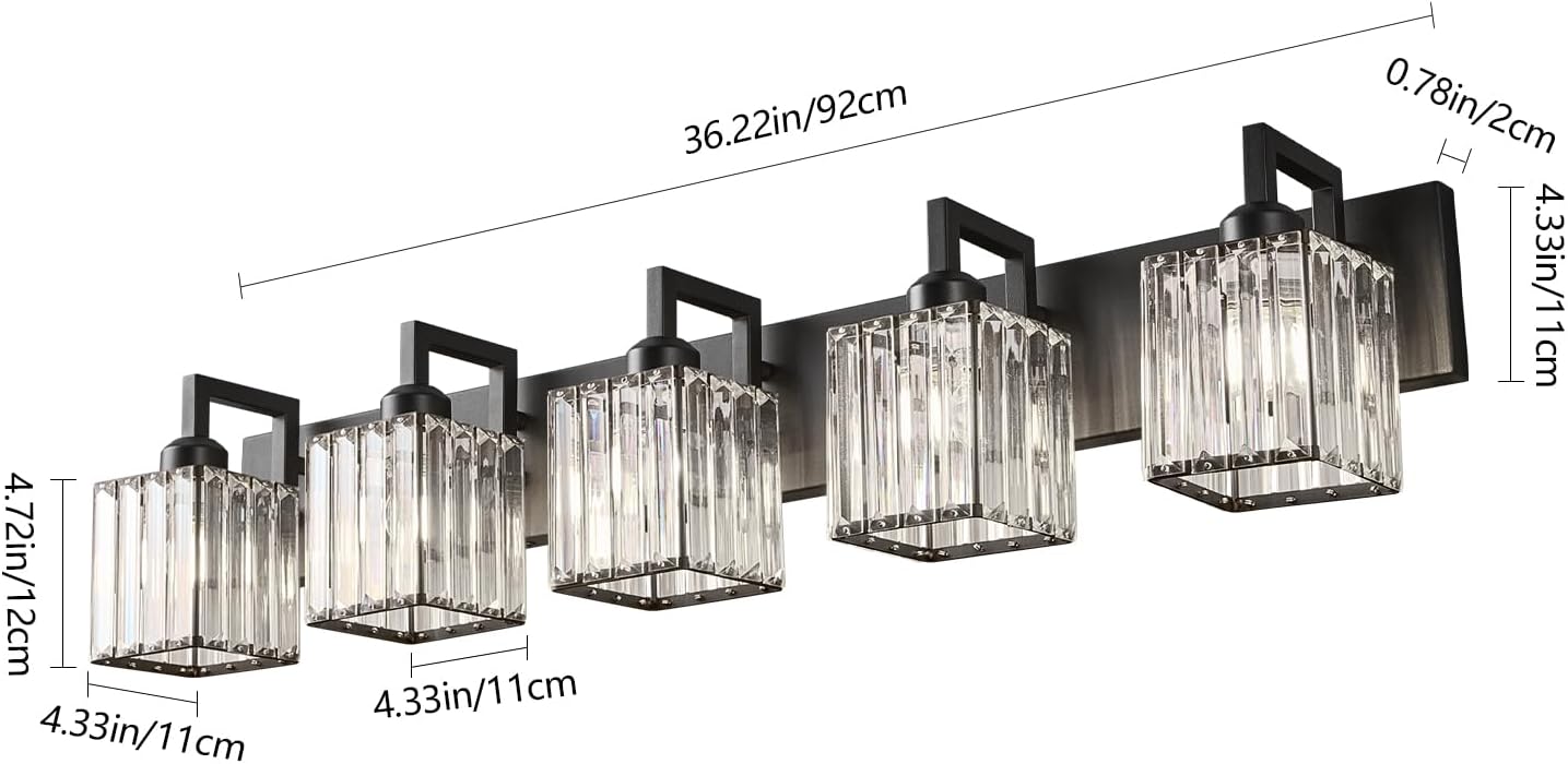 Black Bathroom Light Fixture, 5-Light Crystal Vanity Lighting, Bathroom Lighting Fixtures Over Mirror, Modern Crystal Wall Lamp
