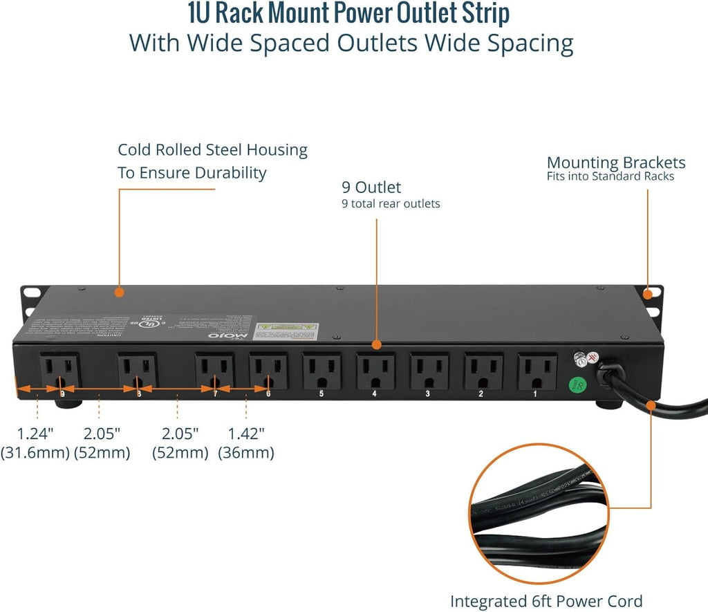Tecmojo 9-Outlet Rack Mount Power Strip,1U Horizontal PDU Individual Switch 6ft Cord, with 2USB and 2 Type-C,for IT and Network Racks and Cabinets