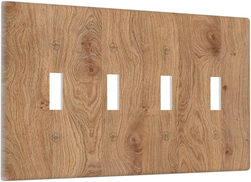 Light Switch Covers Vintage Rustic Wood Color Brown Wood Grain Quad Toggle 4 Gang Wall Plate Electrical Faceplate Decorative Switch Plates for Farmhouse Cabin Decor