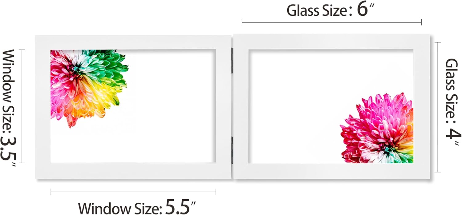 Double 4x6 Horizontal Combo, White Wood Picture Frame, 3.5x5.5 Opening Foldable Landscape View Photo Frame on Table-top or Wall
