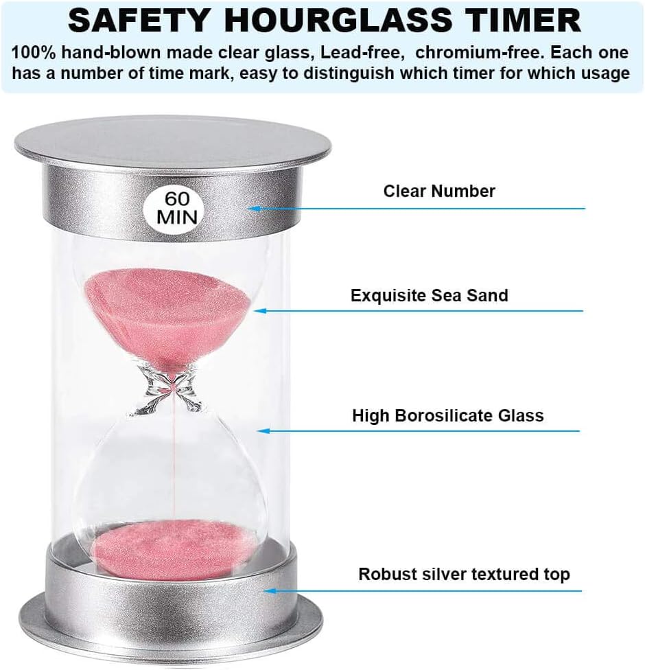 Hourglass Sand Timer 60 Minutes: Plastic Sand Clock 60 Minutes, Hour Glasses with Sand 60 Minutes, Silver Sandglass Timer 60 Minutes for Kids, Games, Classroom, Office Decoration (60 Min, Pink Sand)