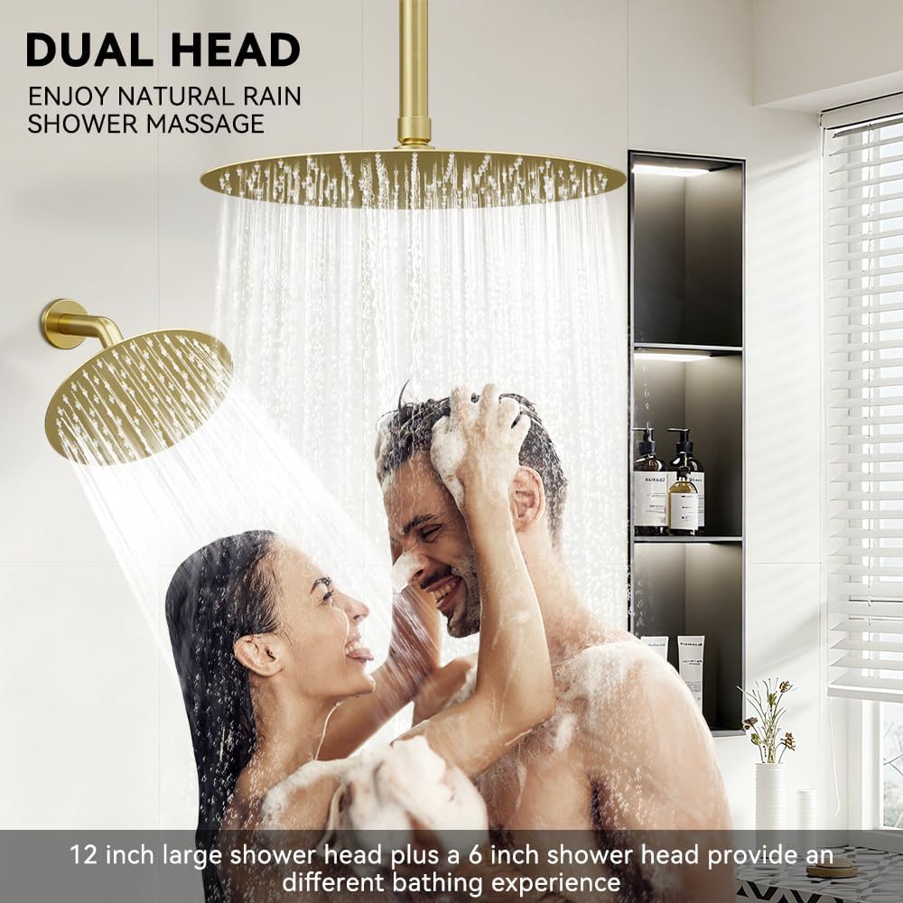Shower Systems Shower Faucet Sets STARBATH 3 Way 12+6" Round Dual Rainfall Shower Head with Handheld Spray Combo, Ceiling Mounted Rain Shower Valve with 5 Diverter and Trim Kit Complete, Brushed Gold