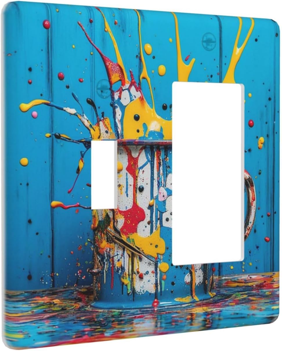 Decorative Outlet Covers Colorful Paint Splatters Blue Wood Plank 2 Gang 1 Gang Wall Plate Cover Single Toggle Rocker Combo Light Switch Cover Plate Face Plate