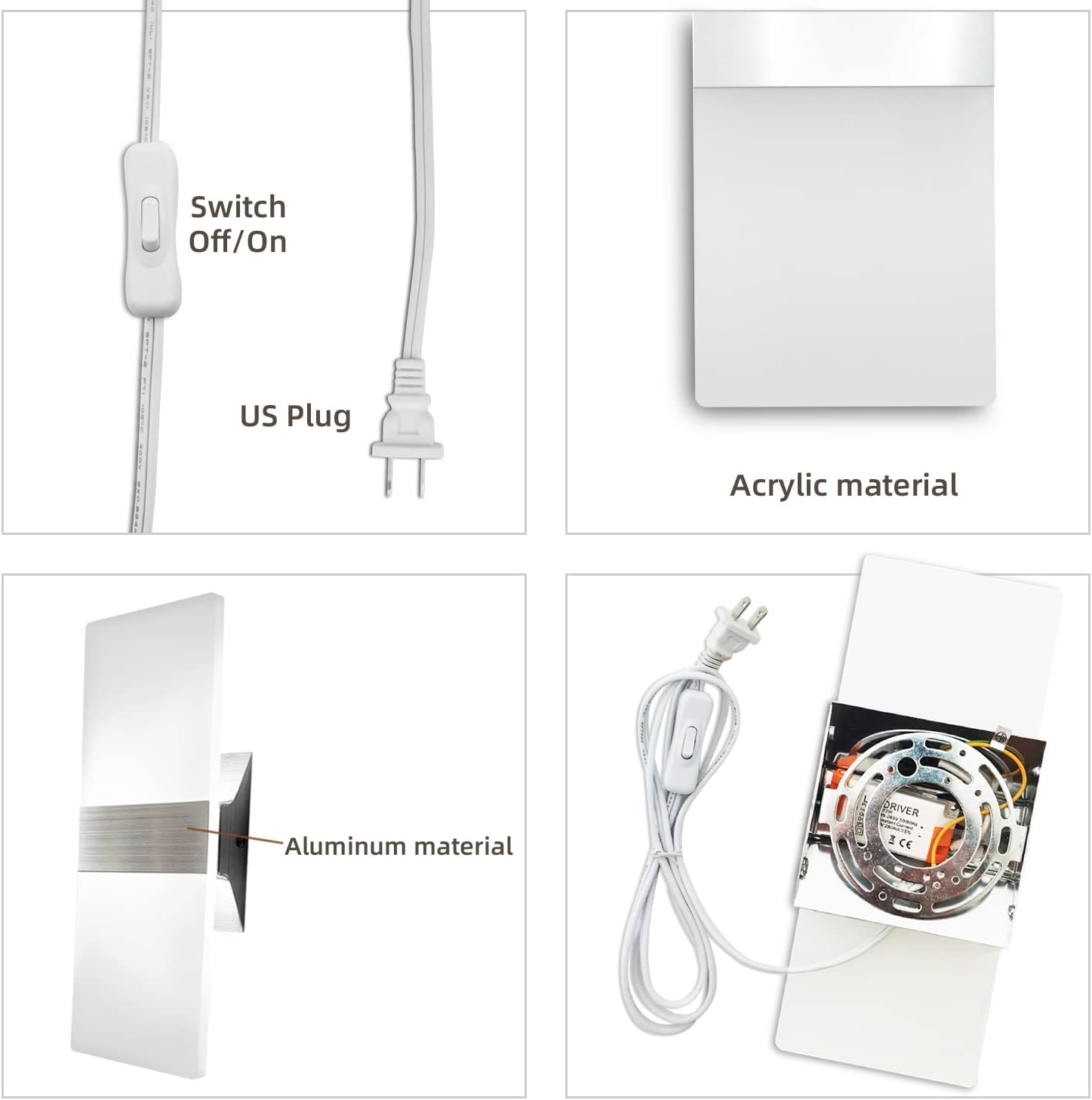 KICAAO Wall Sconces, Modern Wall Sconce Plug in 10W 6000K Cool White Acrylic Wall Lights with 6FT/180cm Plug in Cord and On/Off Switch on The Cord (Warm White 2700K 2Pack)