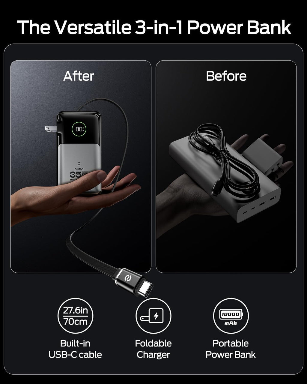 MOVE SPEED 3 in 1 Portable Charger with Built-in Retractable 27.6in Cable and Foldable Wall Plug, 35w 10,000mAh Fast Charging Power Bank, Travel Essential Battery Pack for iPhone 17/16/15,Galaxy