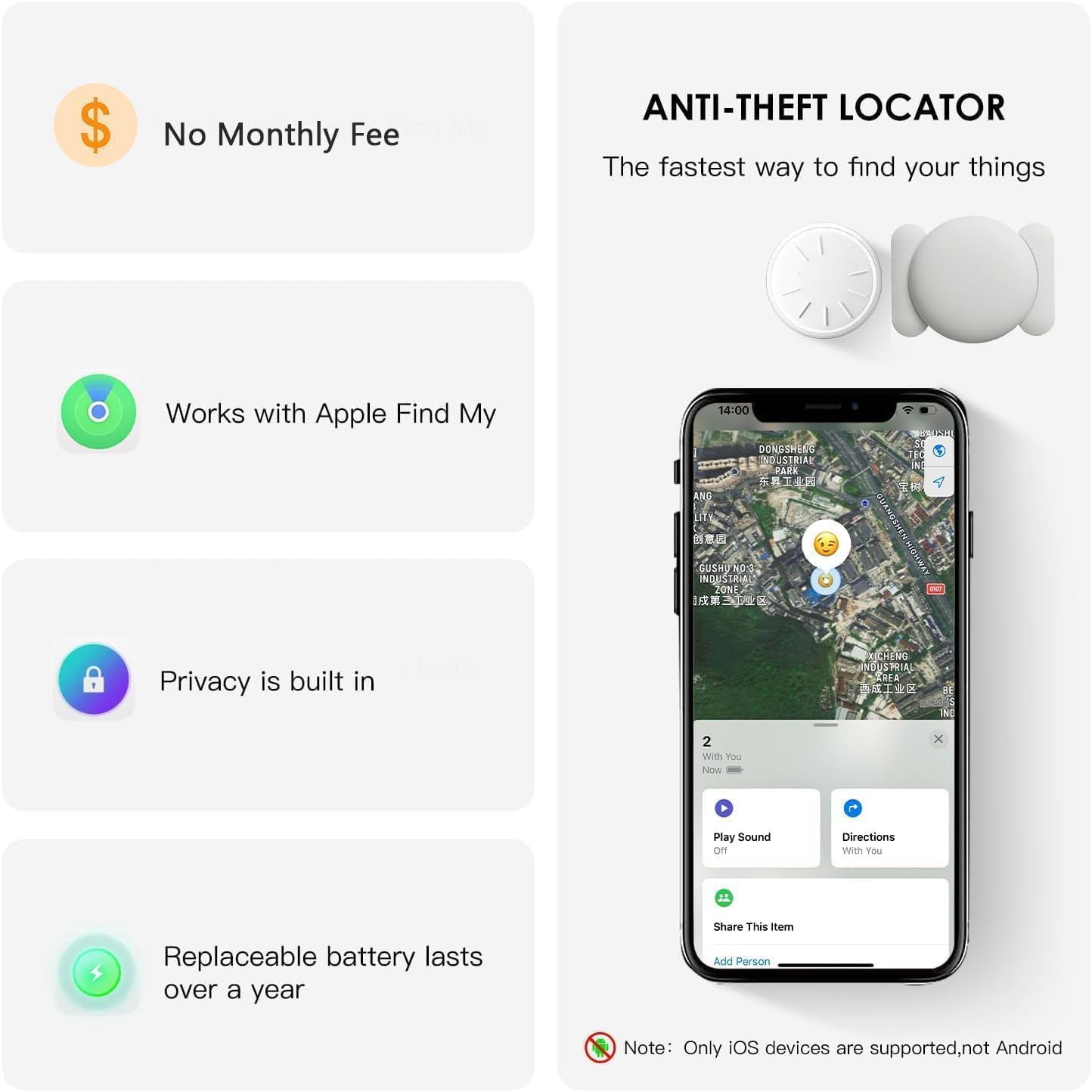 Tracker Device for Vehicles,Real Time GPS Car Tracker Work with Apple Find My(iOS Only),No Monthly Fee Anti-Theft Hidden Car GPS Tracker with Magnetic Case (White,2PCS)