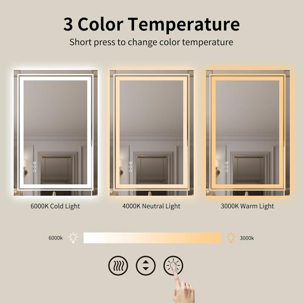WTTY LED Bathroom Mirror 20"x 28" with Backlit and Front Light,Dimmable LED Mirror for Bathroom,Anti-Fog Lighted Bathroom Vanity Mirror Modern for Wall,Memory Function,Shatter-Proof