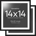 Homeforia 14x14 Black Wood Frame, High End Oak 14 x 14 Square Picture Frames with Mat 12 by 12 inches Photo, 14by14 Black Wooden Poster Frames Matted to 12x12 Print, Tempered Glass, Wall Kit, Set of 2