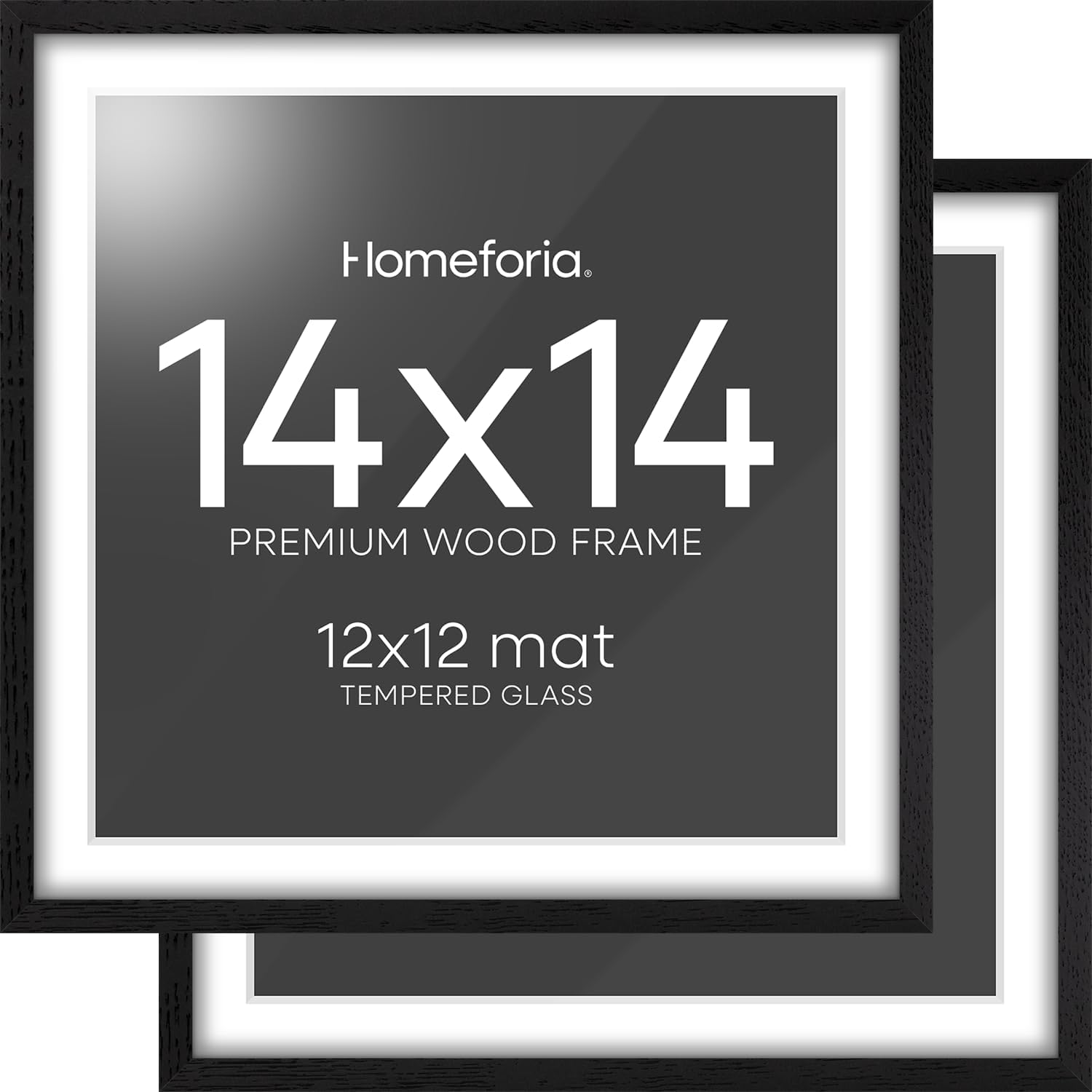 Homeforia 14x14 Black Wood Frame, High End Oak 14 x 14 Square Picture Frames with Mat 12 by 12 inches Photo, 14by14 Black Wooden Poster Frames Matted to 12x12 Print, Tempered Glass, Wall Kit, Set of 2