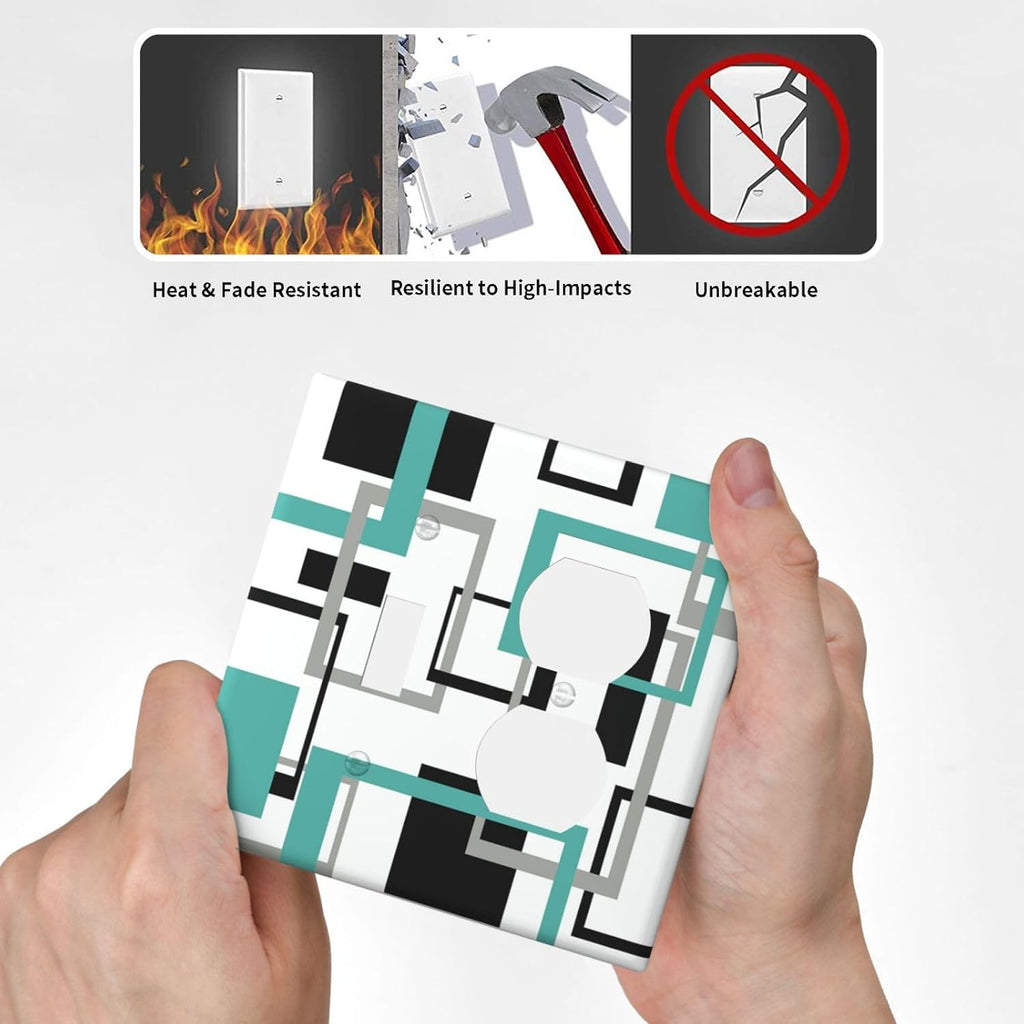 Geometric Turquoise Black Gray Modern Abstract Boho Wallplates 1 Toggle 1 Duplex Switch Plate Electrical GFCI Faceplate Decorative Light Switch Covers for Office Nursery Decor