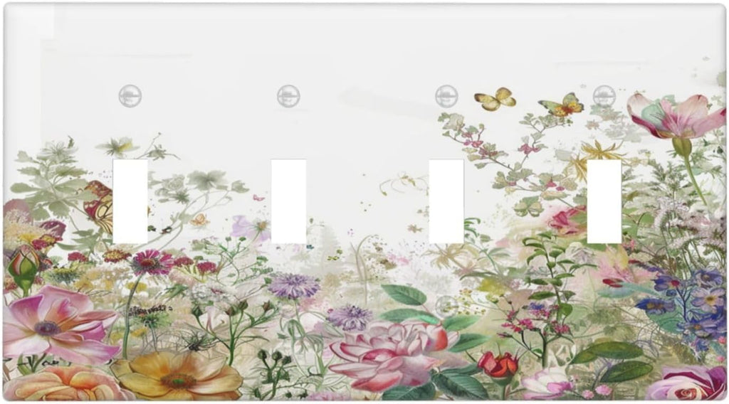 Light Switch Covers Boho Wildflower Colorful Floral Butterfly Quad Toggle Electrical Faceplate 4 Gang Wall Plate Decorative Switch Plates For Bed Room Living Room Decor
