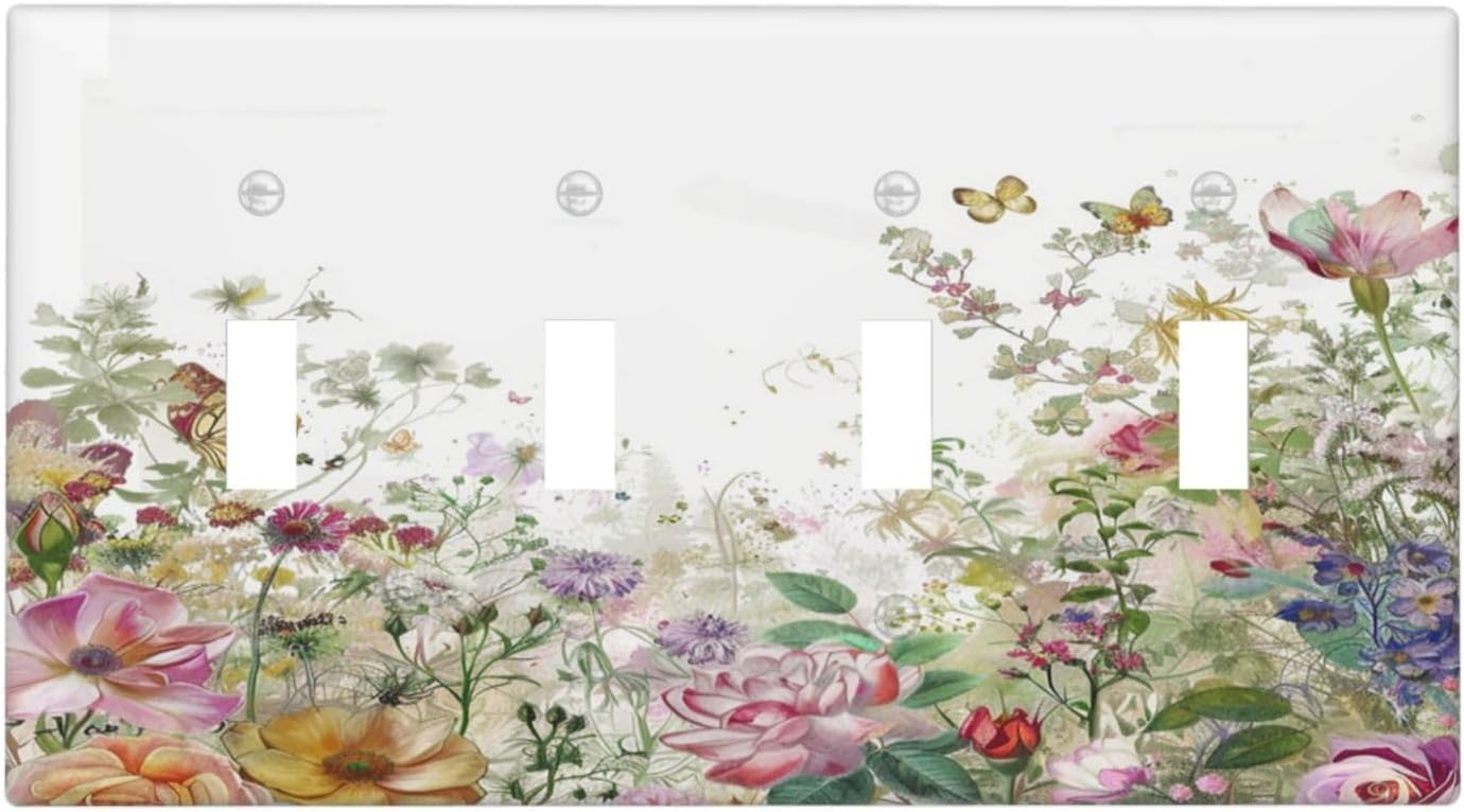 Light Switch Covers Boho Wildflower Colorful Floral Butterfly Quad Toggle Electrical Faceplate 4 Gang Wall Plate Decorative Switch Plates For Bed Room Living Room Decor