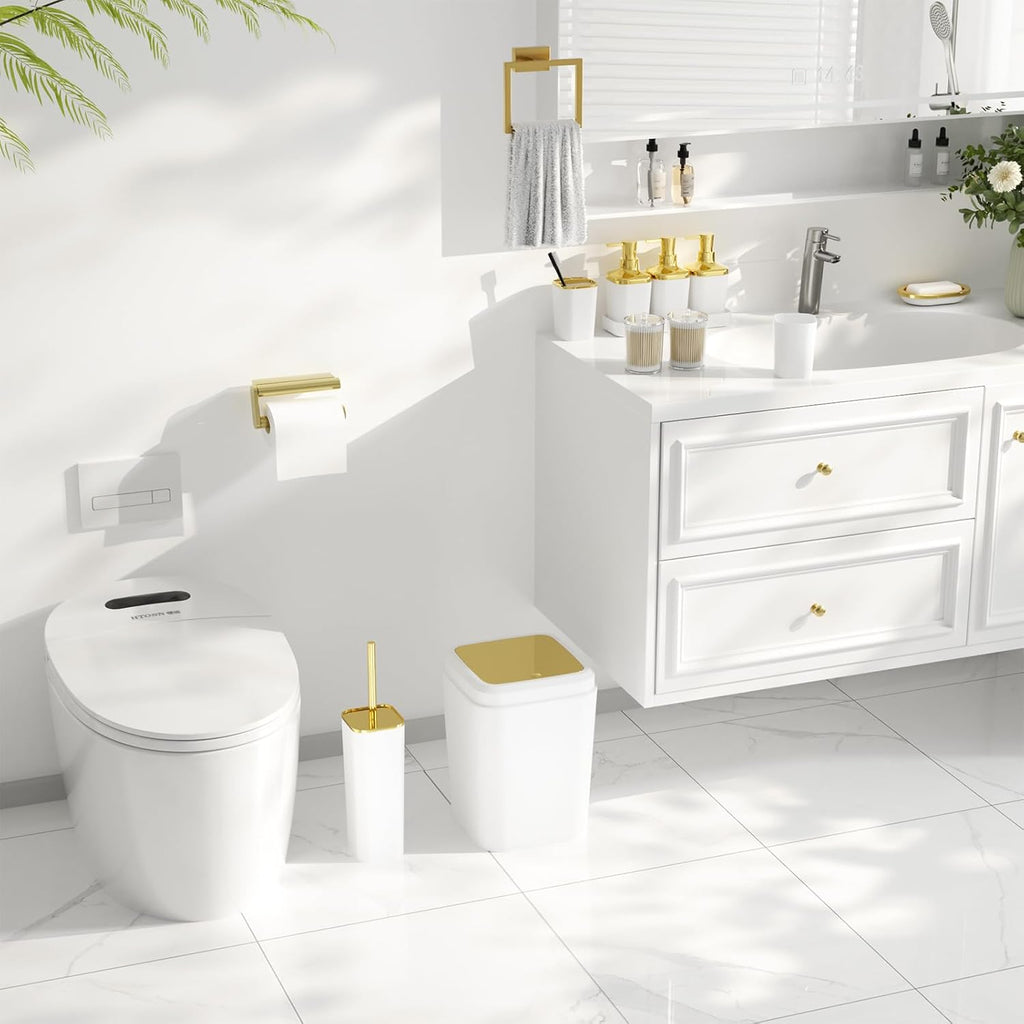 Bathroom Set - Bathroom Sets with Shower Curtain and Rugs, Bathroom Accessory Set, White Bathroom Accessories Set with Trash Can, Toilet Brush and Soap Dispensers